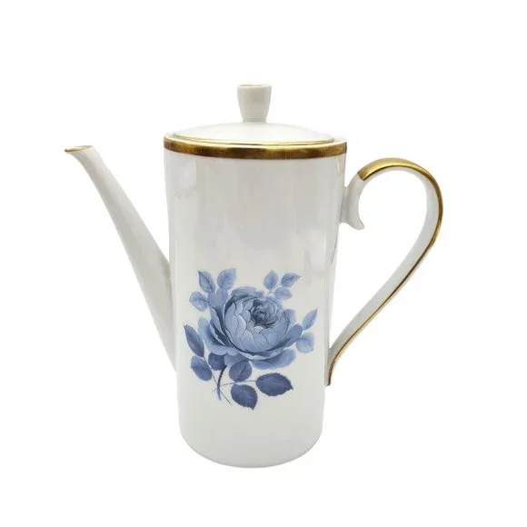 1940s Hackefors Porslin Sweden Coffee‎ Pot Teapot Set Demitasse Blue Floral Gold